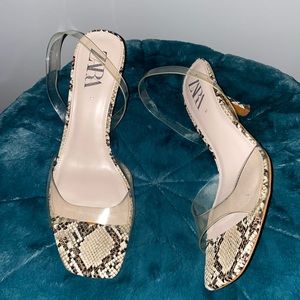 Zara Clear Snake Print Heeled Sandals